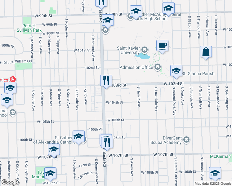map of restaurants, bars, coffee shops, grocery stores, and more near 10346 South Springfield Avenue in Chicago