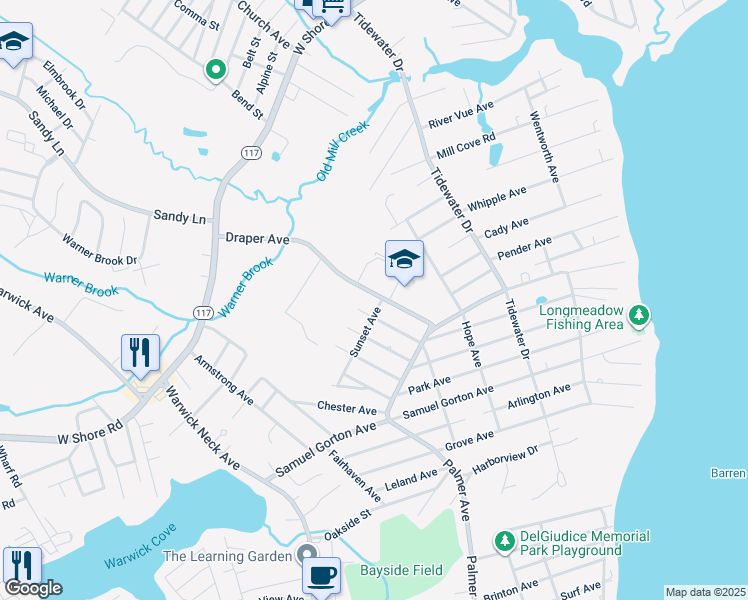 map of restaurants, bars, coffee shops, grocery stores, and more near 80 Draper Avenue in Warwick