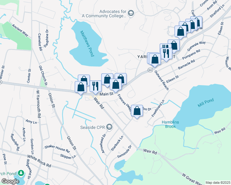 map of restaurants, bars, coffee shops, grocery stores, and more near 26 Margaret-Joseph Road in Yarmouth