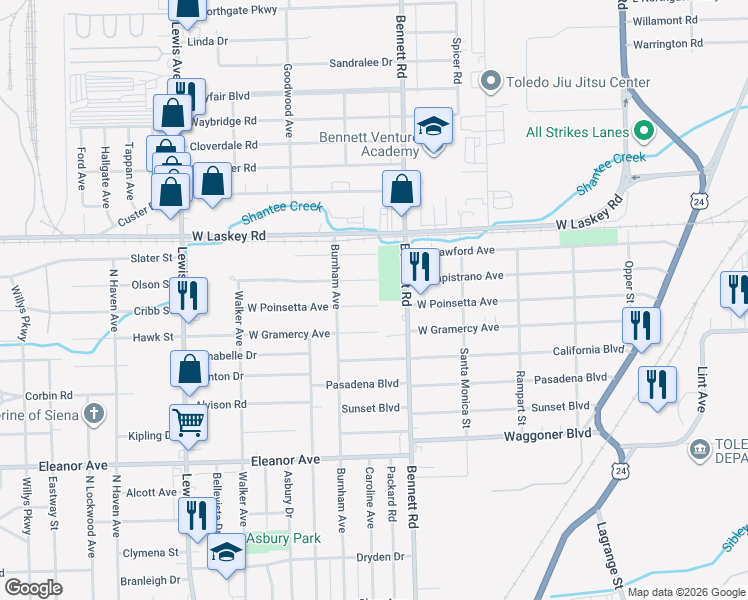 map of restaurants, bars, coffee shops, grocery stores, and more near 532 West Gramercy Avenue in Toledo