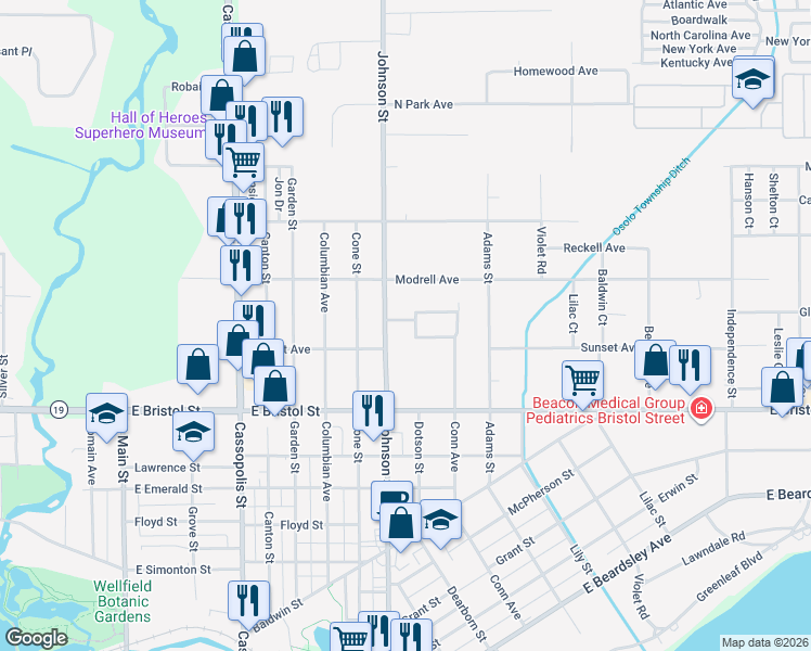 map of restaurants, bars, coffee shops, grocery stores, and more near 915 Northway Circle in Elkhart