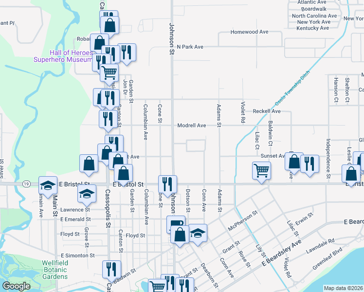 map of restaurants, bars, coffee shops, grocery stores, and more near 915 Northway Circle in Elkhart