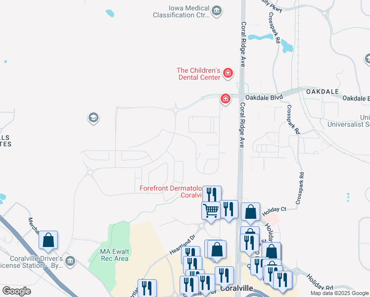 map of restaurants, bars, coffee shops, grocery stores, and more near 2886 Coral Court in Coralville
