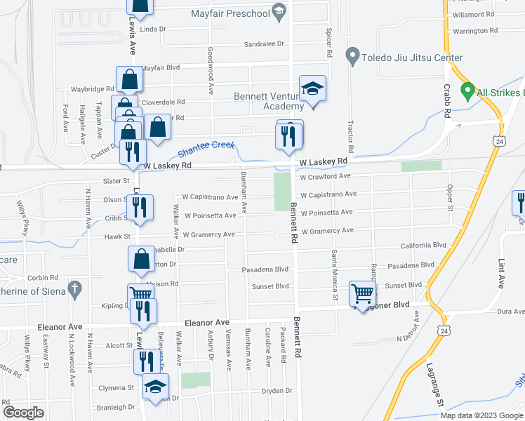 map of restaurants, bars, coffee shops, grocery stores, and more near 602 West Poinsetta Avenue in Toledo