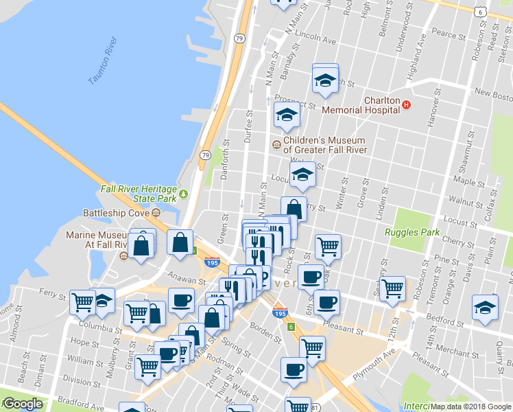 map of restaurants, bars, coffee shops, grocery stores, and more near 228 N Main St in Fall River