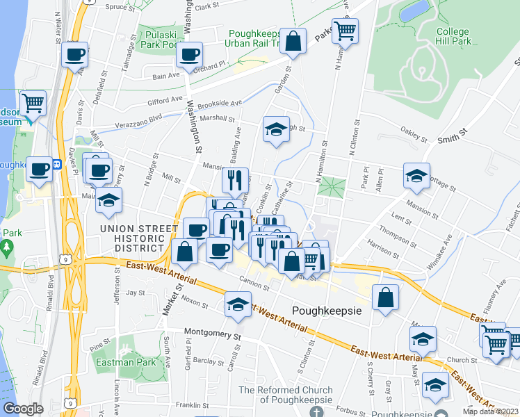 map of restaurants, bars, coffee shops, grocery stores, and more near 9 Conklin Street in Poughkeepsie