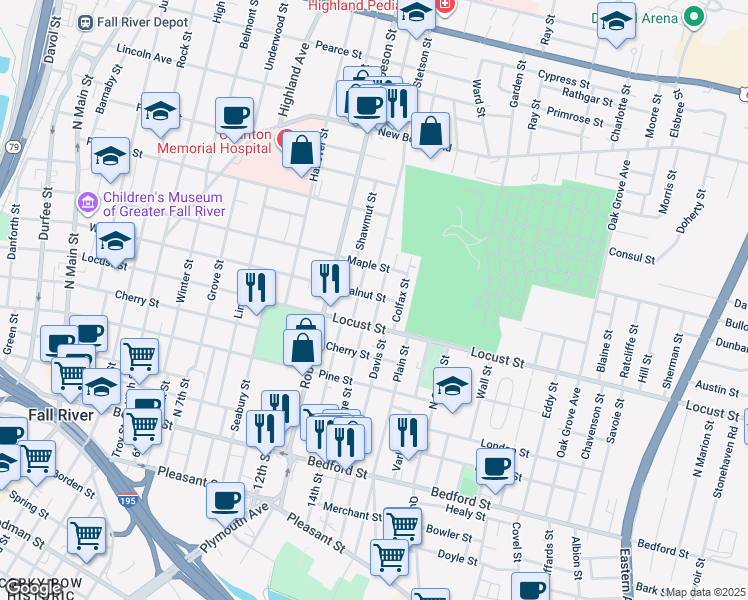 map of restaurants, bars, coffee shops, grocery stores, and more near 936 Locust Street in Fall River