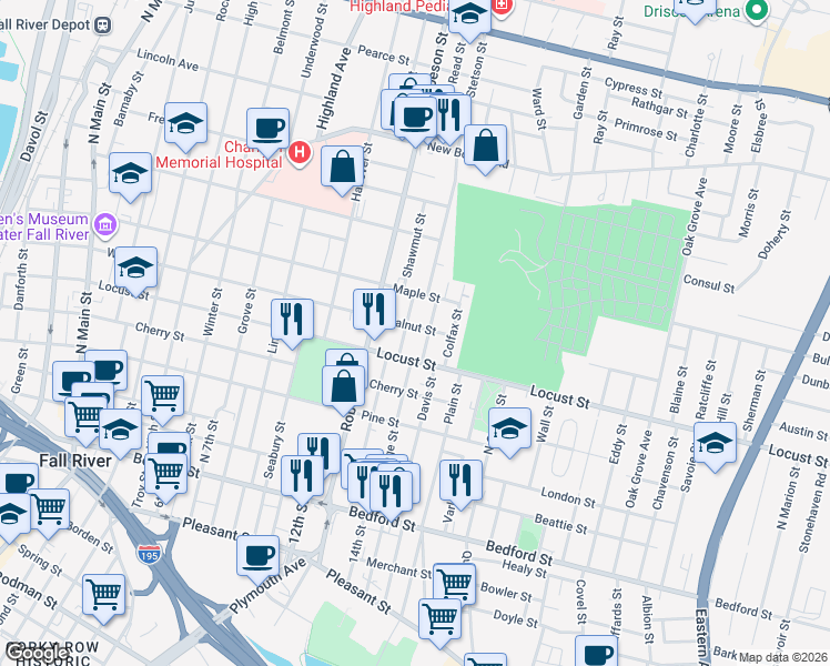 map of restaurants, bars, coffee shops, grocery stores, and more near 936 Locust Street in Fall River