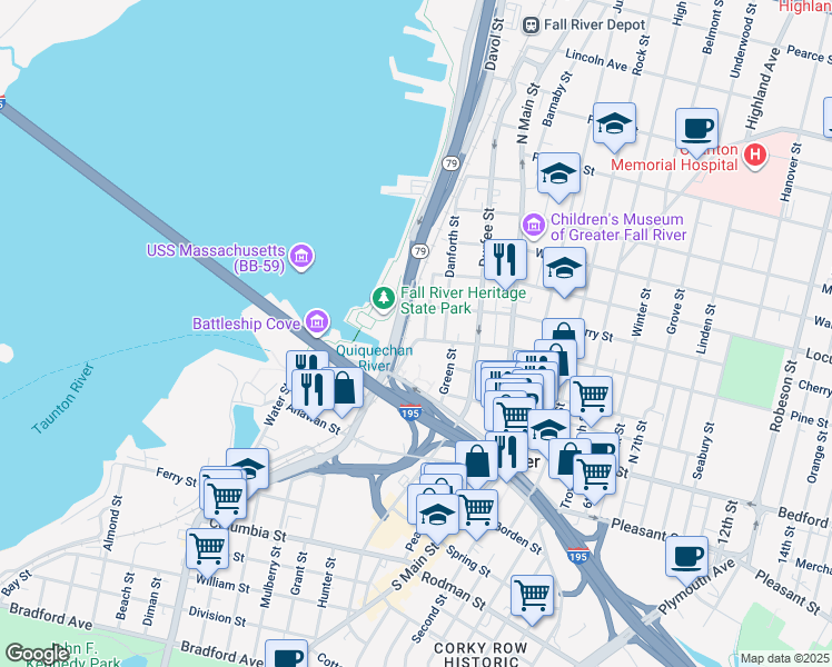 map of restaurants, bars, coffee shops, grocery stores, and more near 321 Pine Street in Fall River