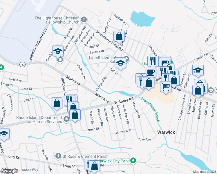 map of restaurants, bars, coffee shops, grocery stores, and more near 163 Dickens Street in Warwick