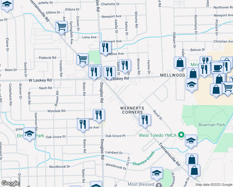 map of restaurants, bars, coffee shops, grocery stores, and more near 2433 Tremainsville Road in Toledo