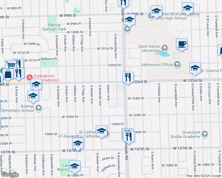 map of restaurants, bars, coffee shops, grocery stores, and more near 10333 Karlov Avenue in Oak Lawn