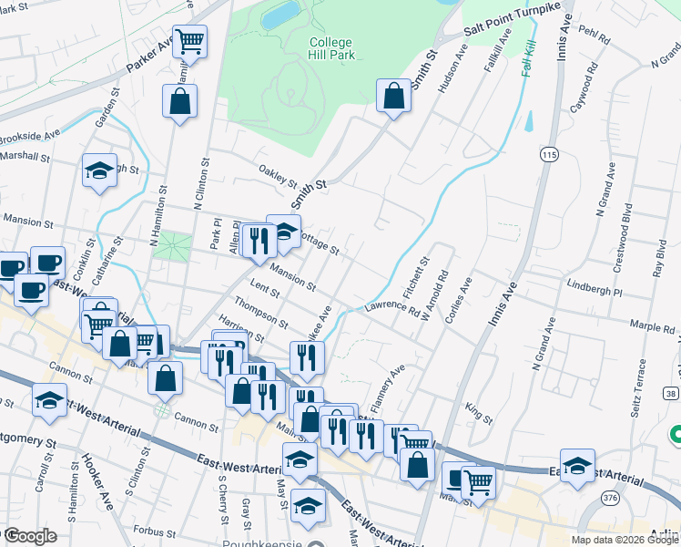 map of restaurants, bars, coffee shops, grocery stores, and more near in Poughkeepsie