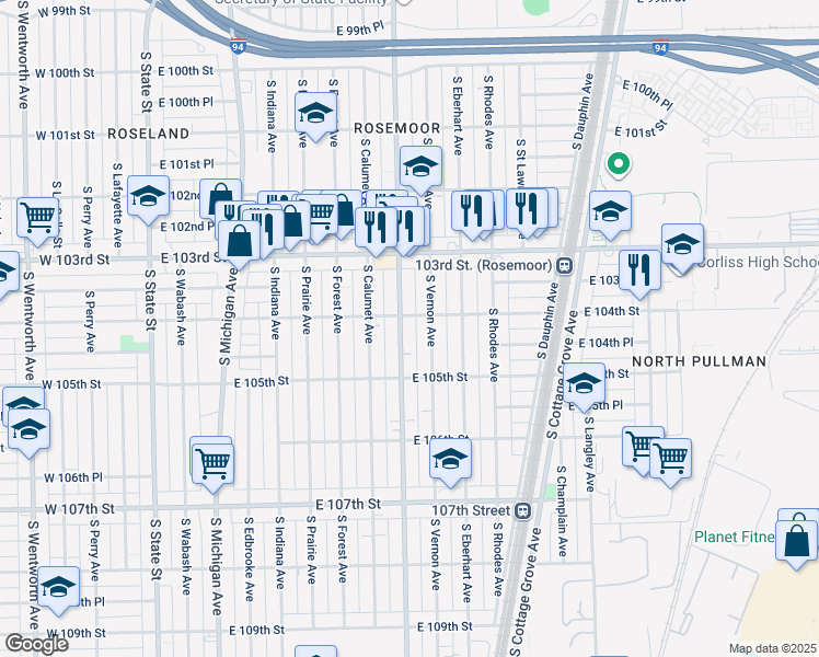 map of restaurants, bars, coffee shops, grocery stores, and more near 10431 South King Drive in Chicago