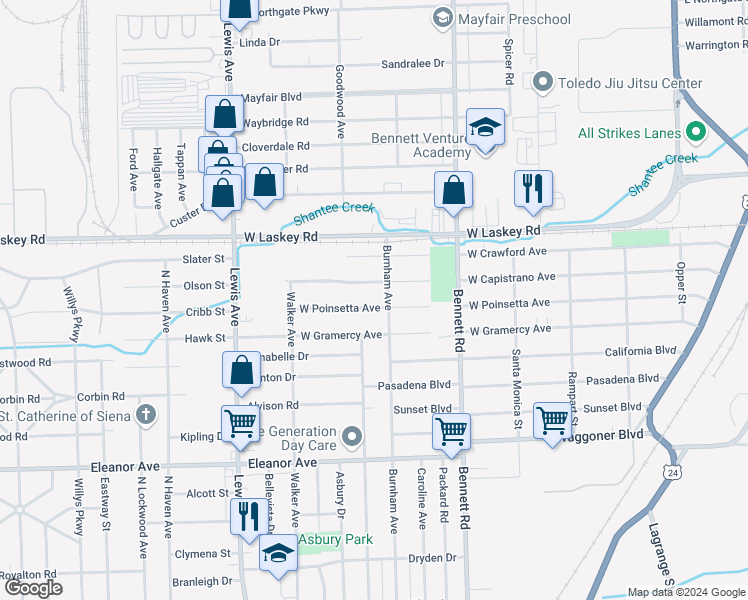 map of restaurants, bars, coffee shops, grocery stores, and more near 648 Poinsetta Avenue in Toledo