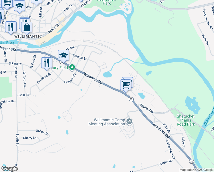 map of restaurants, bars, coffee shops, grocery stores, and more near 363 Windham Rd in Windham