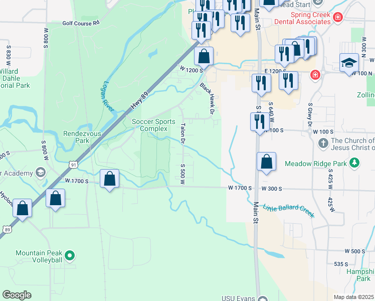 map of restaurants, bars, coffee shops, grocery stores, and more near 1506 Talon Drive in Logan
