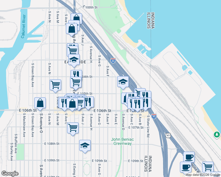 map of restaurants, bars, coffee shops, grocery stores, and more near 10500 South Avenue East in Chicago