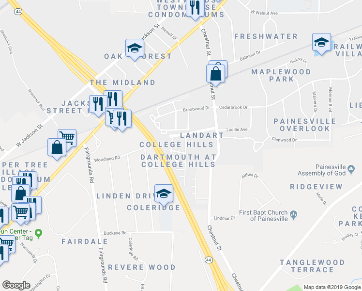 map of restaurants, bars, coffee shops, grocery stores, and more near 991 Cornell Court in Painesville