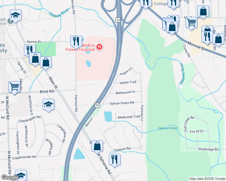 map of restaurants, bars, coffee shops, grocery stores, and more near 6075 Barkwood Lane in Sylvania