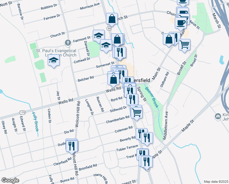 map of restaurants, bars, coffee shops, grocery stores, and more near 62 Wells Road in Wethersfield