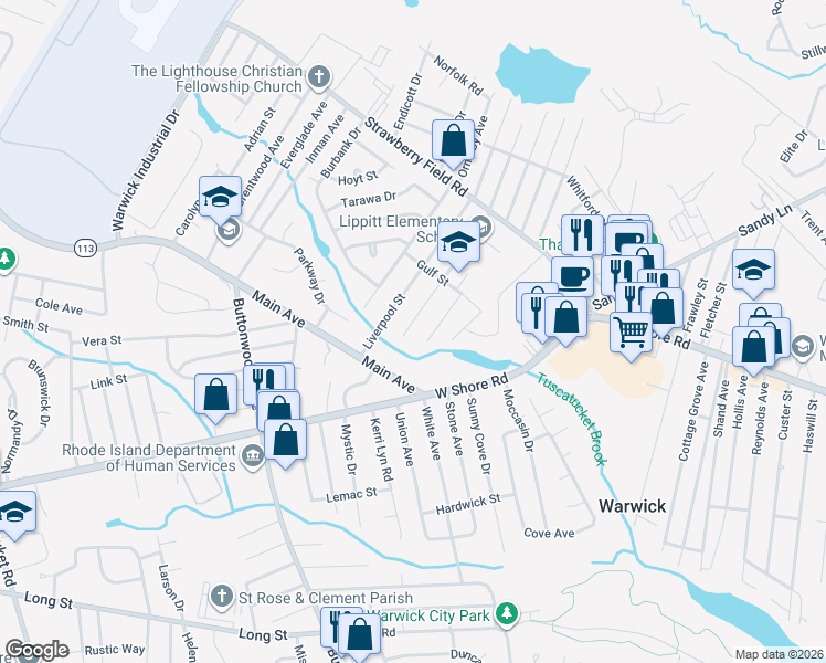 map of restaurants, bars, coffee shops, grocery stores, and more near 163 Dickens Street in Warwick