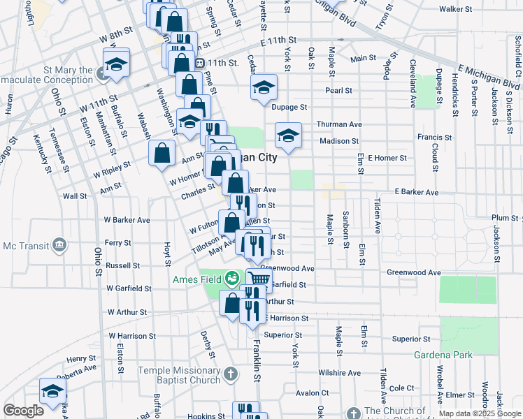 map of restaurants, bars, coffee shops, grocery stores, and more near 1500-1516 Lafayette Street in Michigan City