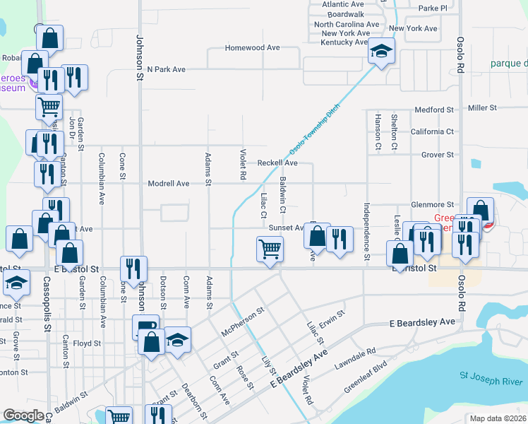 map of restaurants, bars, coffee shops, grocery stores, and more near 3306 Lilac Ct in Elkhart