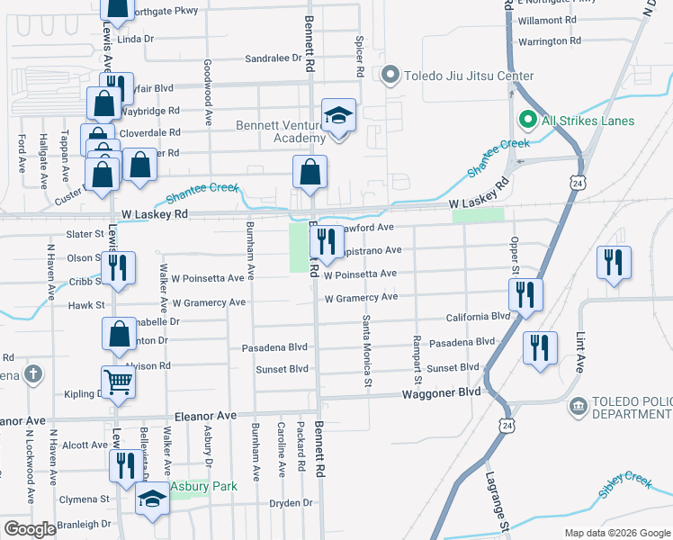 map of restaurants, bars, coffee shops, grocery stores, and more near 454 West Gramercy Avenue in Toledo