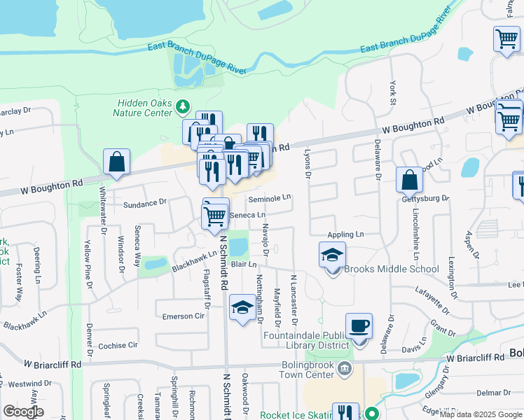map of restaurants, bars, coffee shops, grocery stores, and more near 452 Seneca Lane in Bolingbrook