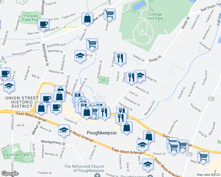 map of restaurants, bars, coffee shops, grocery stores, and more near 51 North Clinton Street in Poughkeepsie