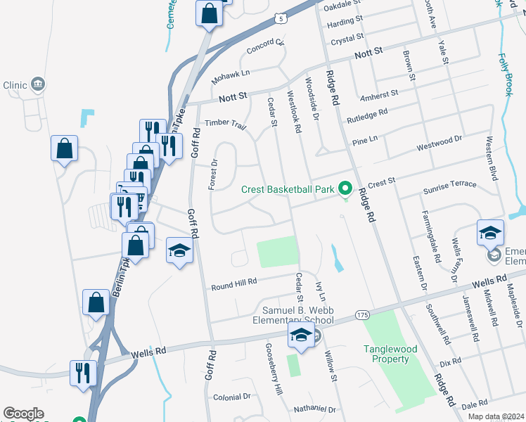 map of restaurants, bars, coffee shops, grocery stores, and more near 1 Beech Tree Drive in Wethersfield