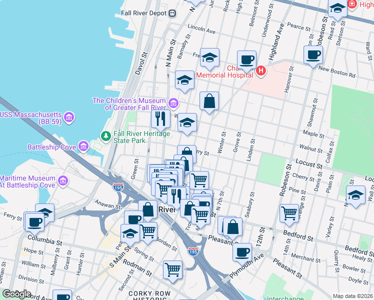 map of restaurants, bars, coffee shops, grocery stores, and more near 201 Rock Street in Fall River