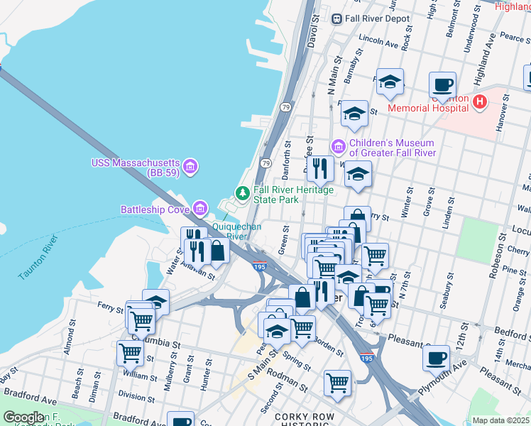map of restaurants, bars, coffee shops, grocery stores, and more near 321 Pine Street in Fall River