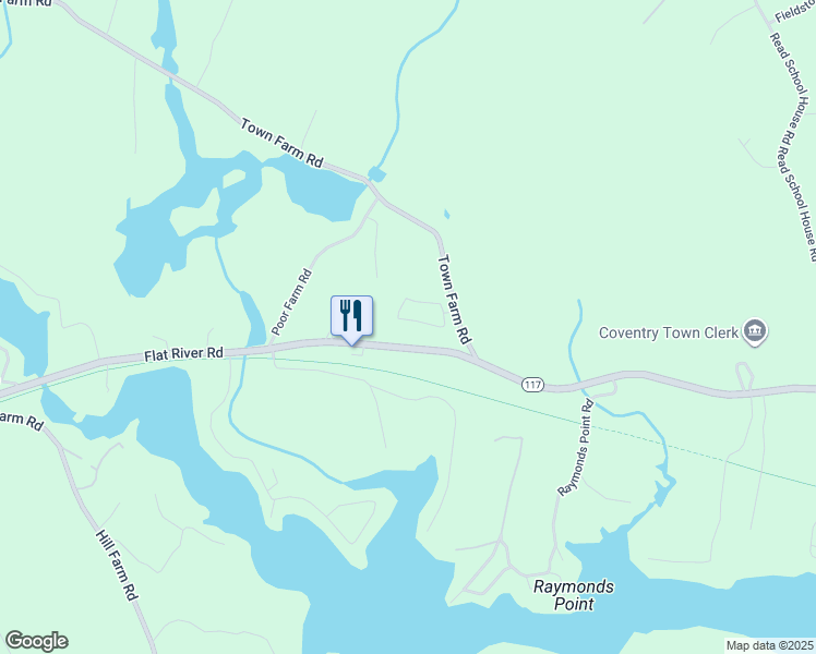 map of restaurants, bars, coffee shops, grocery stores, and more near 2206 Flat River Road in Coventry