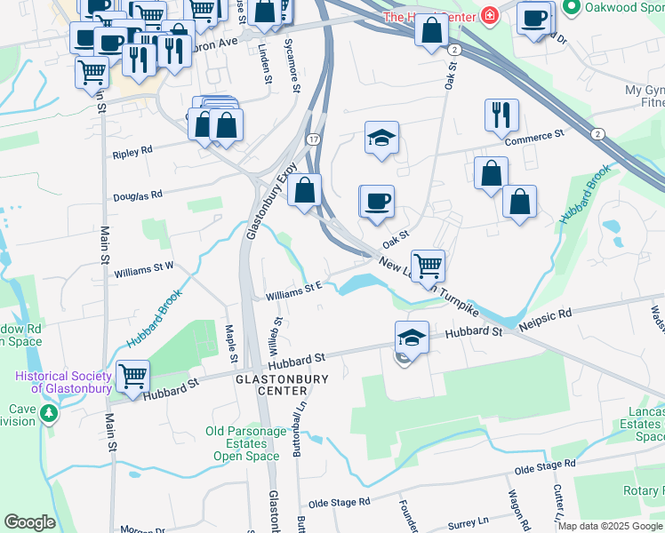 map of restaurants, bars, coffee shops, grocery stores, and more near 312 Williams Street East in Glastonbury