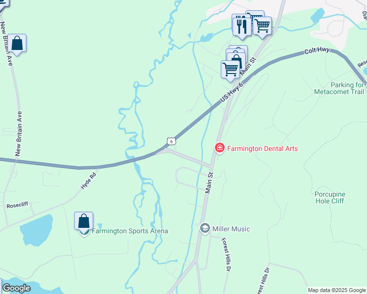 map of restaurants, bars, coffee shops, grocery stores, and more near 25 Scott Swamp Road in Farmington