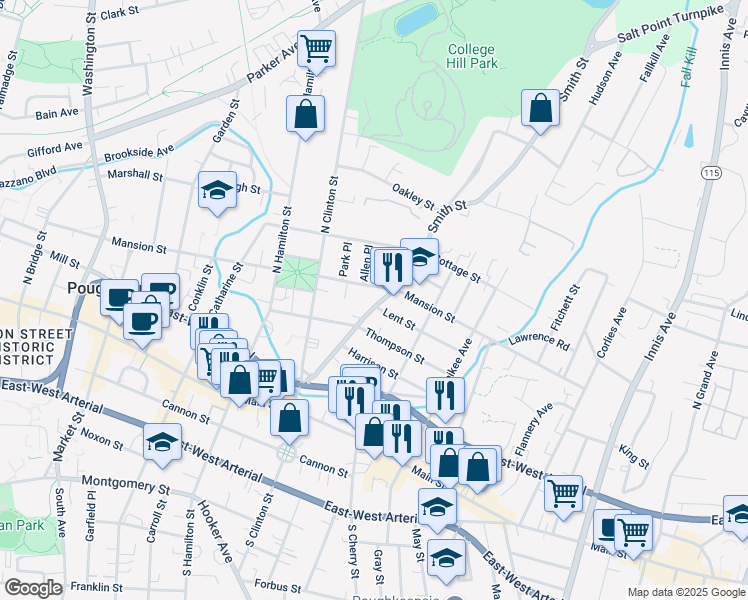map of restaurants, bars, coffee shops, grocery stores, and more near 18 Lent Street in Poughkeepsie