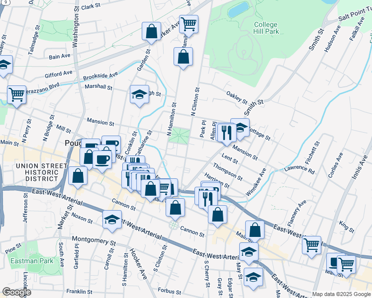 map of restaurants, bars, coffee shops, grocery stores, and more near 39 North Clinton Street in Poughkeepsie