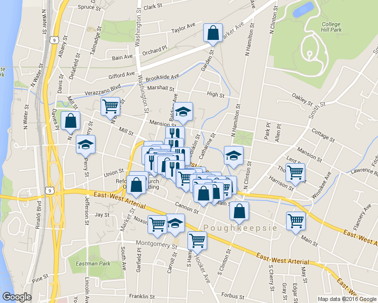 map of restaurants, bars, coffee shops, grocery stores, and more near 302 Mill Street in Poughkeepsie