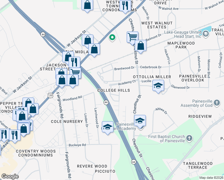 map of restaurants, bars, coffee shops, grocery stores, and more near 296 Ivy Lane in Painesville
