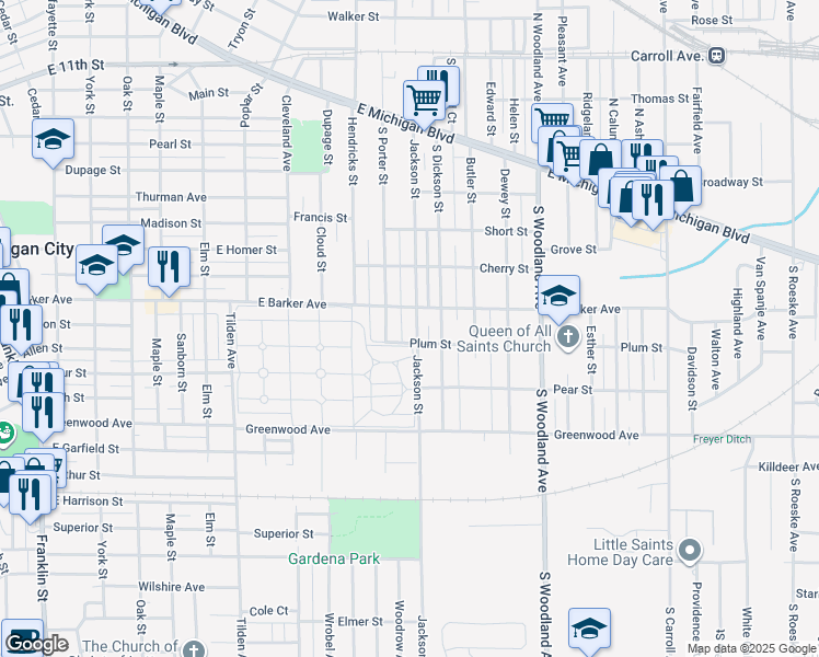 map of restaurants, bars, coffee shops, grocery stores, and more near 510 South Porter Street in Michigan City