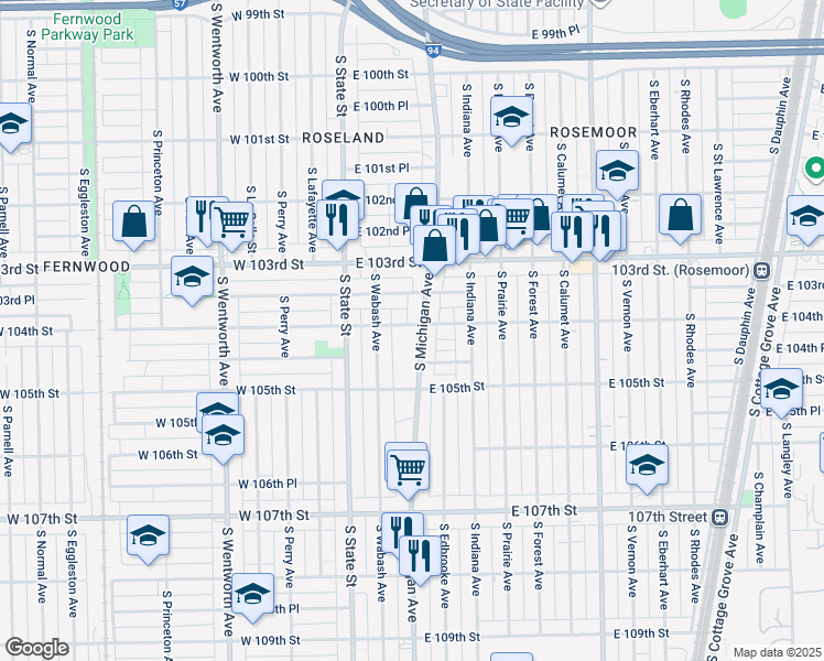 map of restaurants, bars, coffee shops, grocery stores, and more near 10434 South Michigan Avenue in Chicago