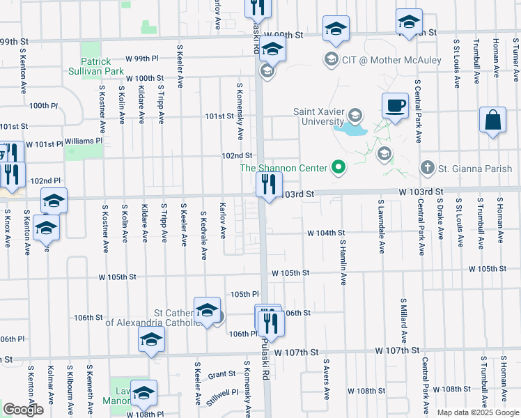 map of restaurants, bars, coffee shops, grocery stores, and more near 10348 South Pulaski Road in Oak Lawn
