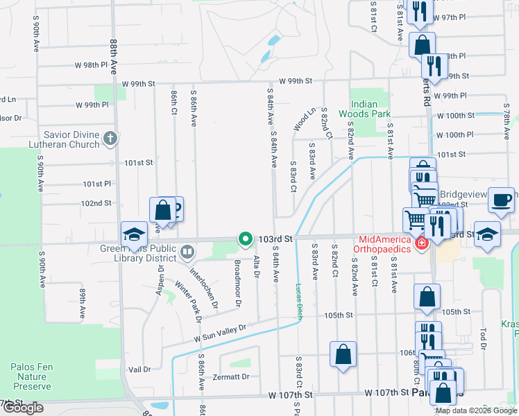 map of restaurants, bars, coffee shops, grocery stores, and more near 8440 West 103rd Terrace in Palos Hills
