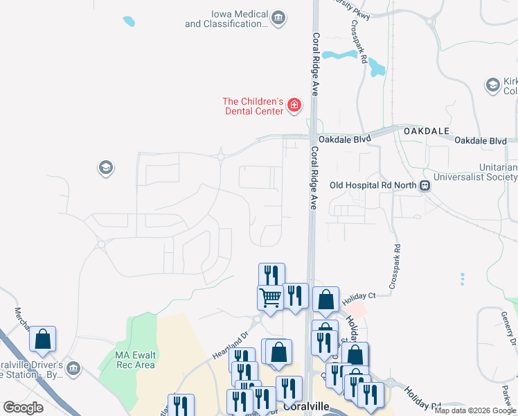 map of restaurants, bars, coffee shops, grocery stores, and more near 2865 Coral Court in Coralville