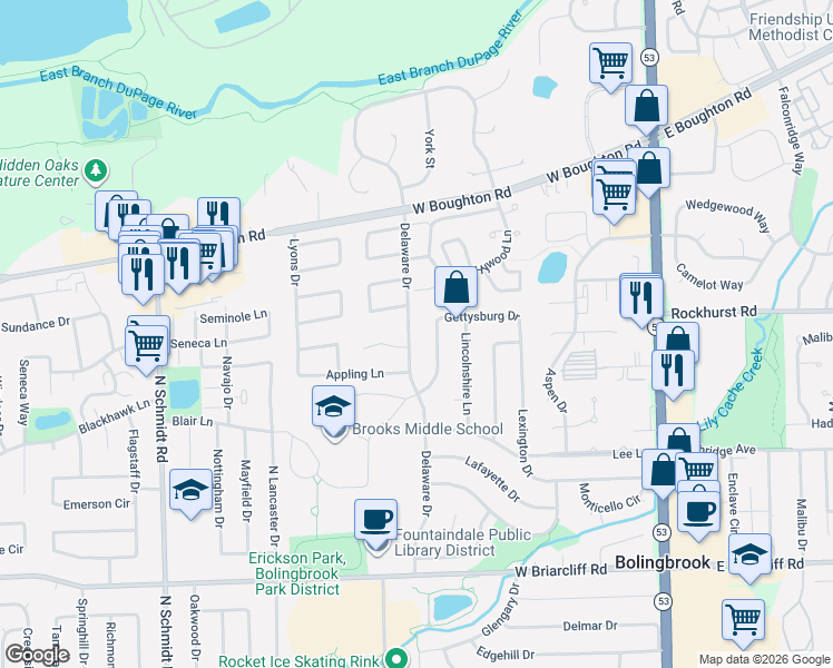 map of restaurants, bars, coffee shops, grocery stores, and more near 301 Pierce Court in Bolingbrook