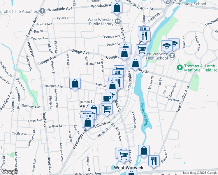 map of restaurants, bars, coffee shops, grocery stores, and more near 32 Curson Street in West Warwick