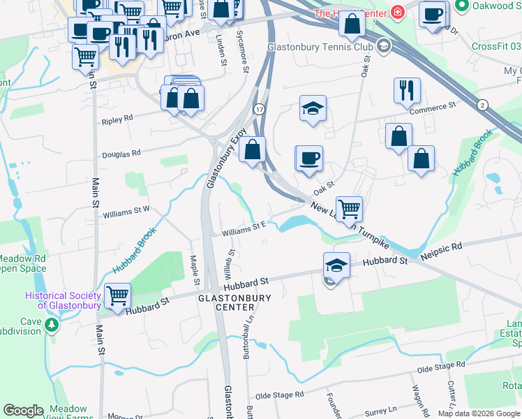 map of restaurants, bars, coffee shops, grocery stores, and more near 227 Williams Street East in Glastonbury