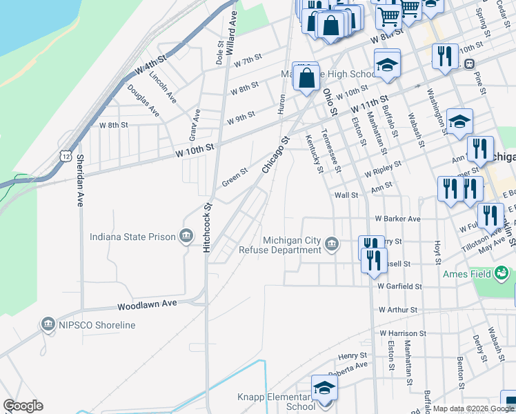 map of restaurants, bars, coffee shops, grocery stores, and more near 117 Columbia Street in Michigan City